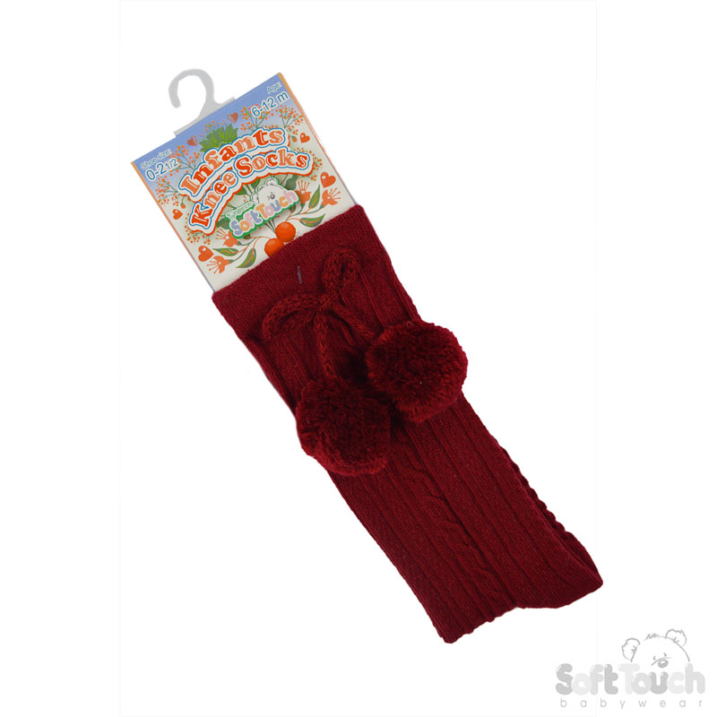 Burgundy 'Elegance' Knee Length Socks w/Pom Pom : S355-BU
