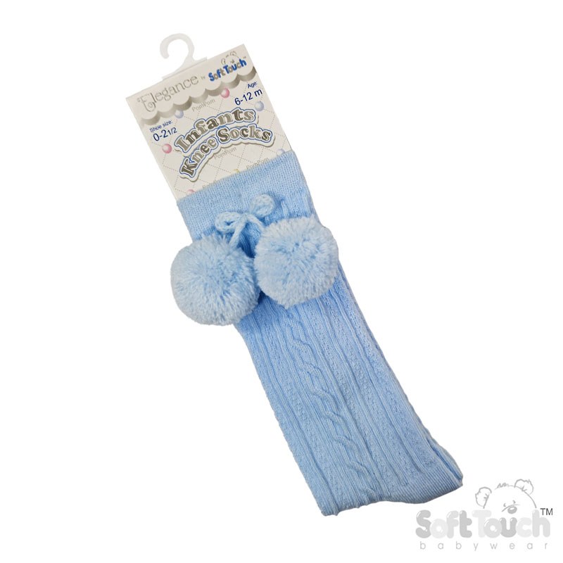 Blue 'Elegance' Knee Length Socks w/Pom Pom : S355-B