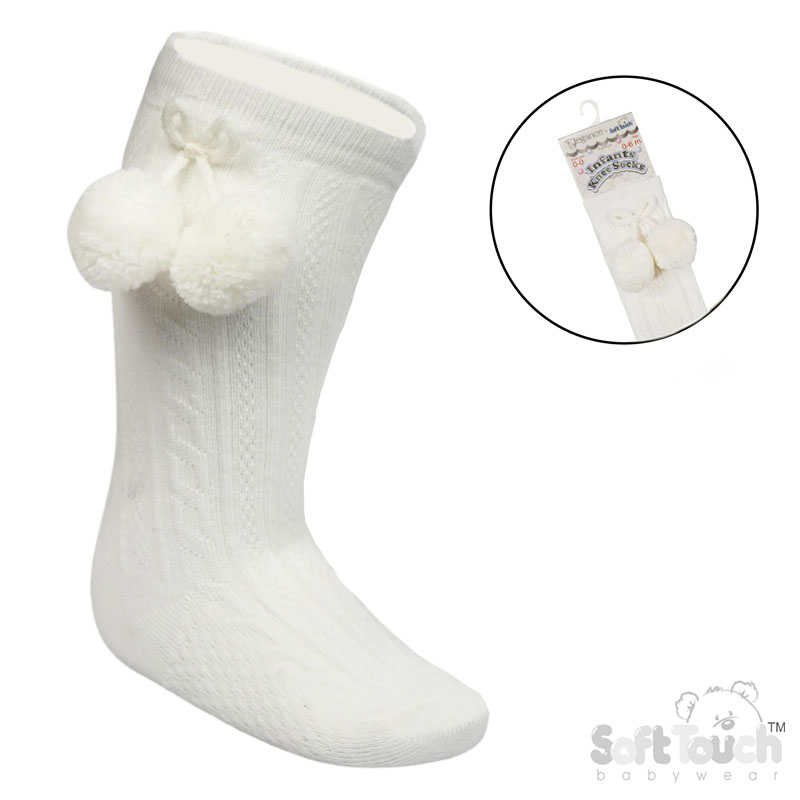 Cream 'Elegance' Knee Length Socks w/Pom Pom : S355-C