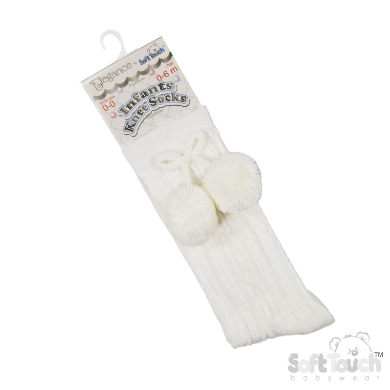 Cream 'Elegance' Knee Length Socks w/Pom Pom : S355-C