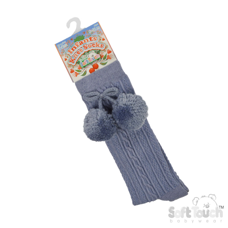 Dusty Blue 'Elegance' Knee Length Socks w/Pom Pom : S355-DB