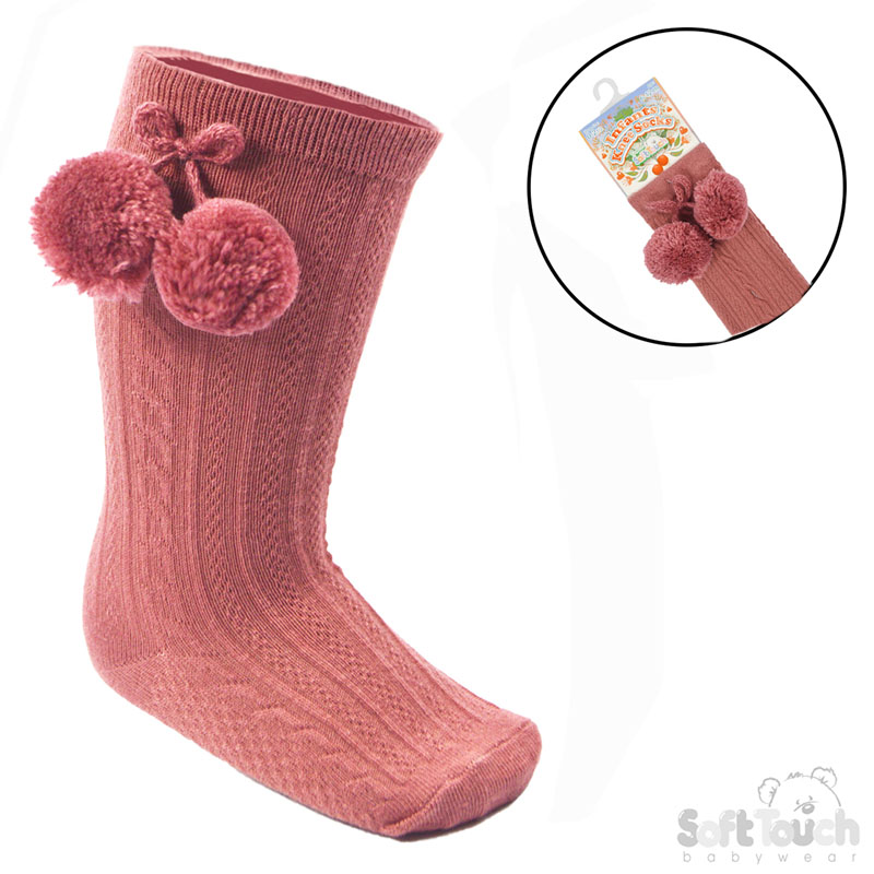 Dusty Pink 'Elegance' Knee Length Socks w/Pom Pom : S355-DP
