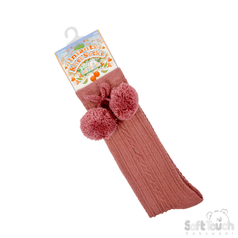 Dusty Pink 'Elegance' Knee Length Socks w/Pom Pom : S355-DP