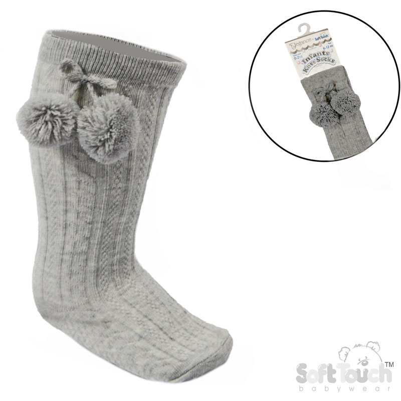 Grey 'Elegance' Knee Length Socks w/Pom Pom : S355-G