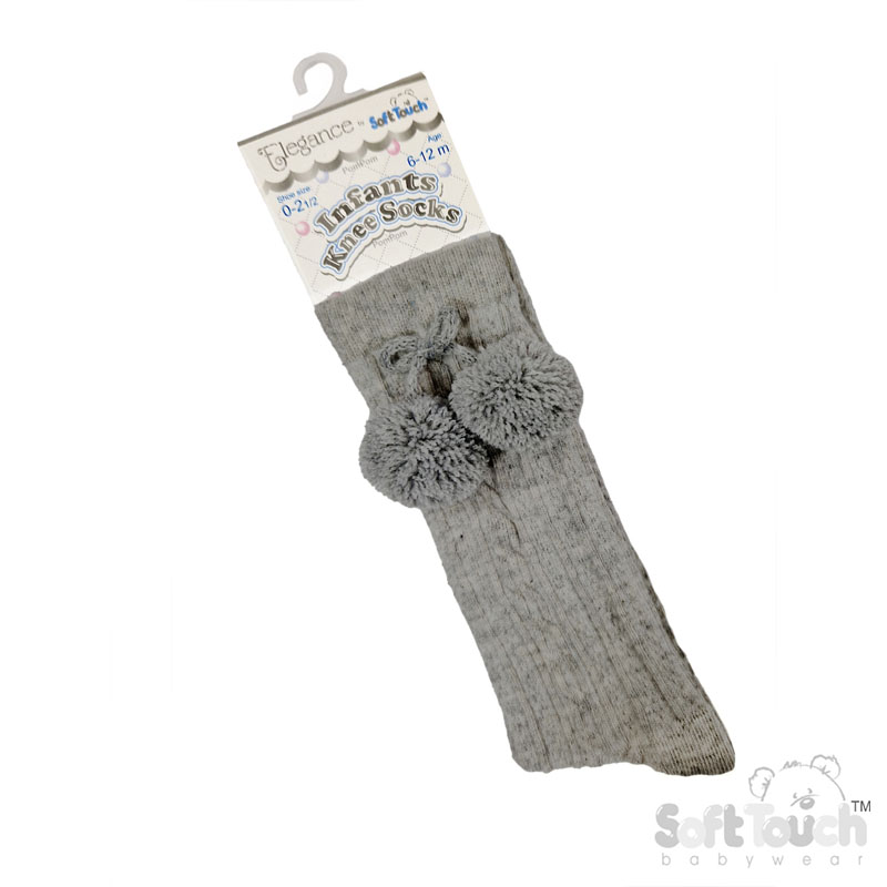Grey 'Elegance' Knee Length Socks w/Pom Pom : S355-G