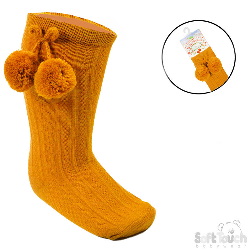 Mustard 'Elegance' Knee Length Socks w/Pom Pom : S355-M