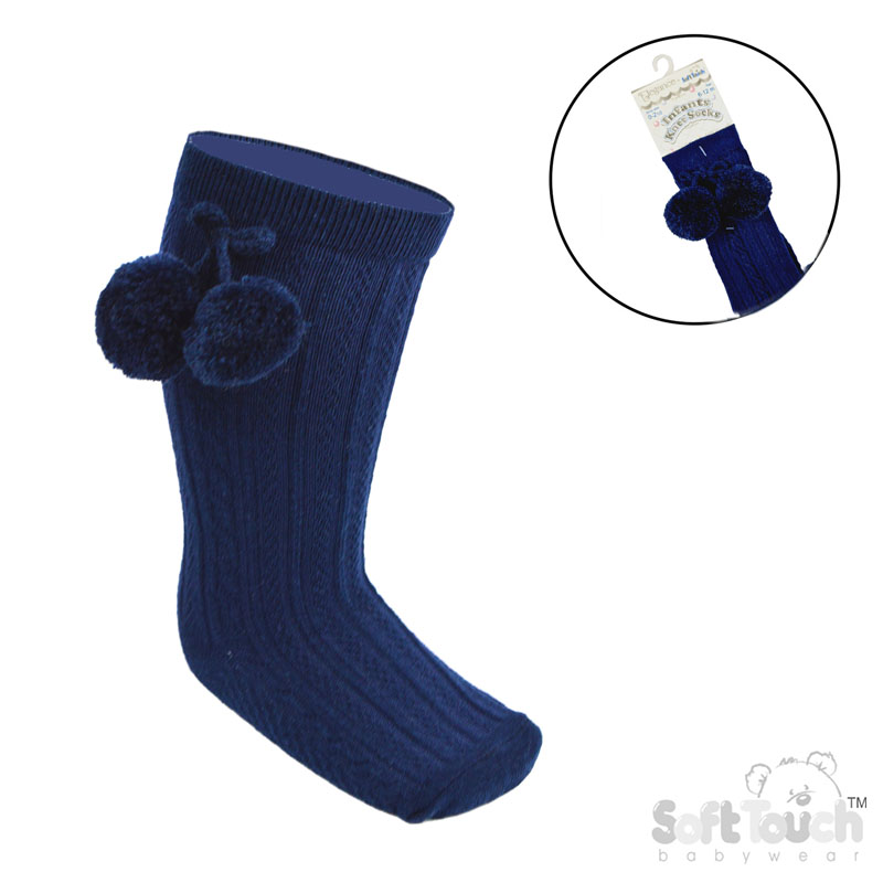 Navy 'Elegance' Knee Length Socks w/Pom Pom : S355-N