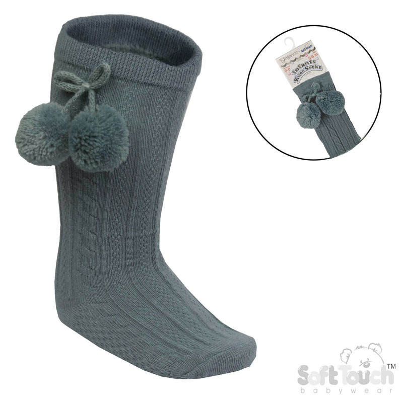 Sage Green 'Elegance' Knee Length Socks w/Pom Pom : S355-SG