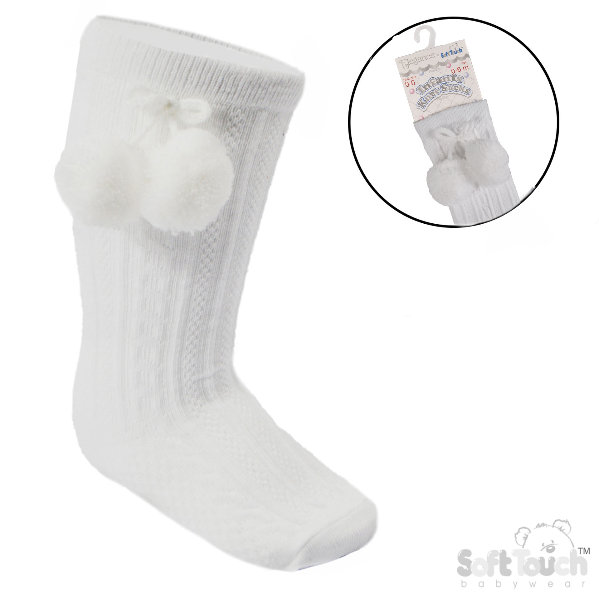 White 'Elegance' Knee Length Socks w/Pom Pom : S355-W-06
