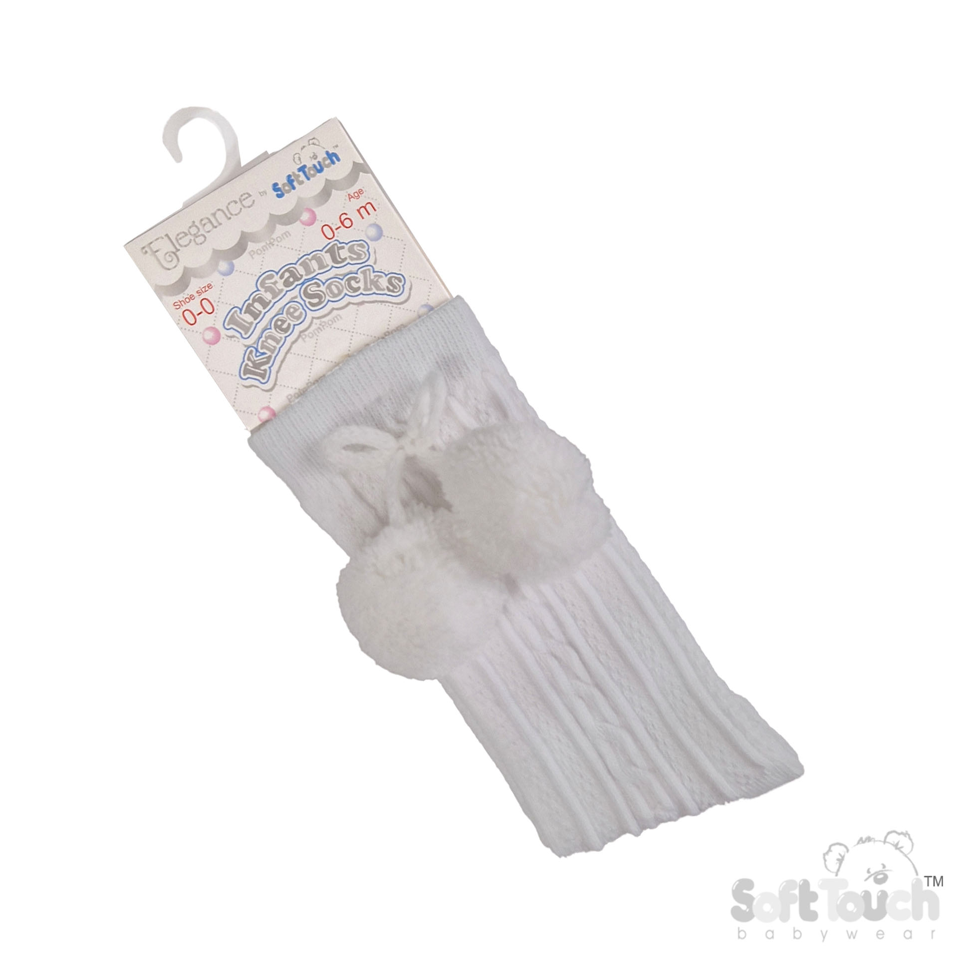 White 'Elegance' Knee Length Socks w/Pom Pom : S355-W-06