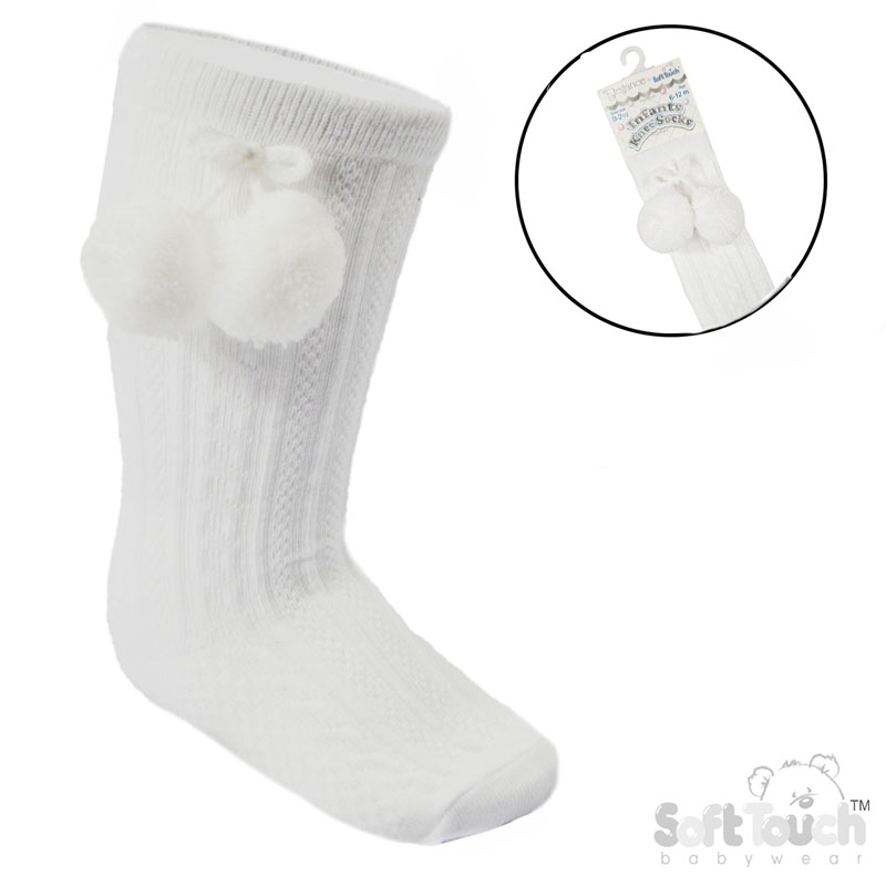 White 'Elegance' Knee Length Socks w/Pom Pom : S355-W