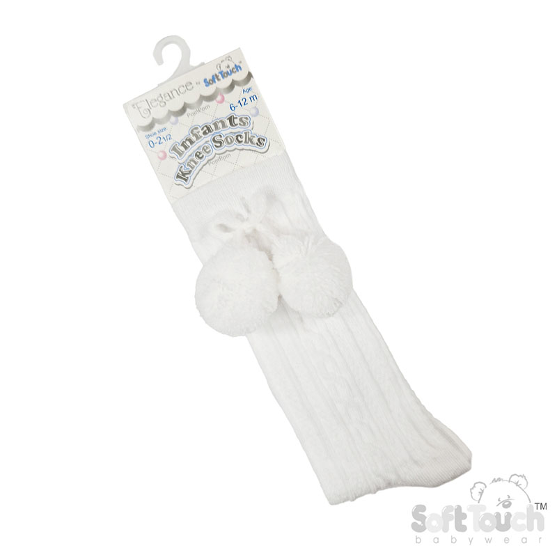 White 'Elegance' Knee Length Socks w/Pom Pom : S355-W