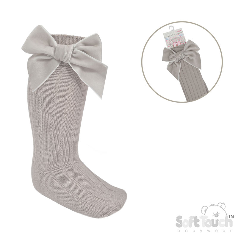 Biscuit Ribbed Knee Length Socks w/Large Velvet Bow : S360-BI