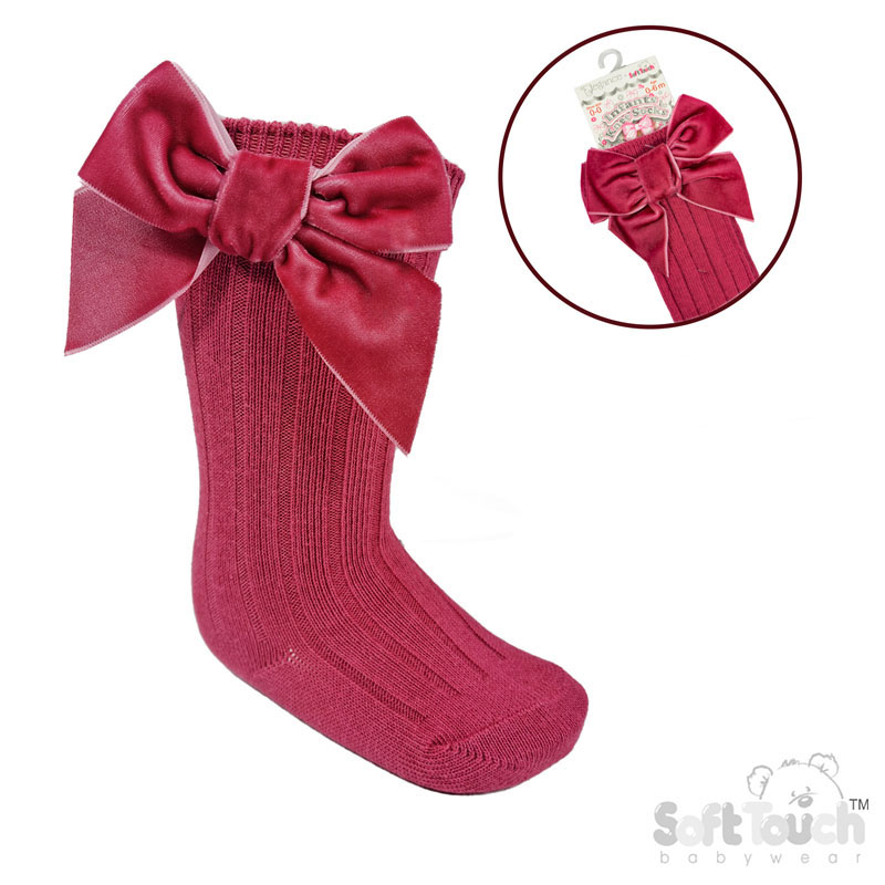 Dusty Pink Ribbed Knee Length Socks w/Large Velvet Bow : S360-DP