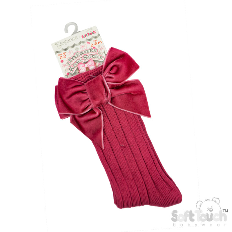Dusty Pink Ribbed Knee Length Socks w/Large Velvet Bow : S360-DP