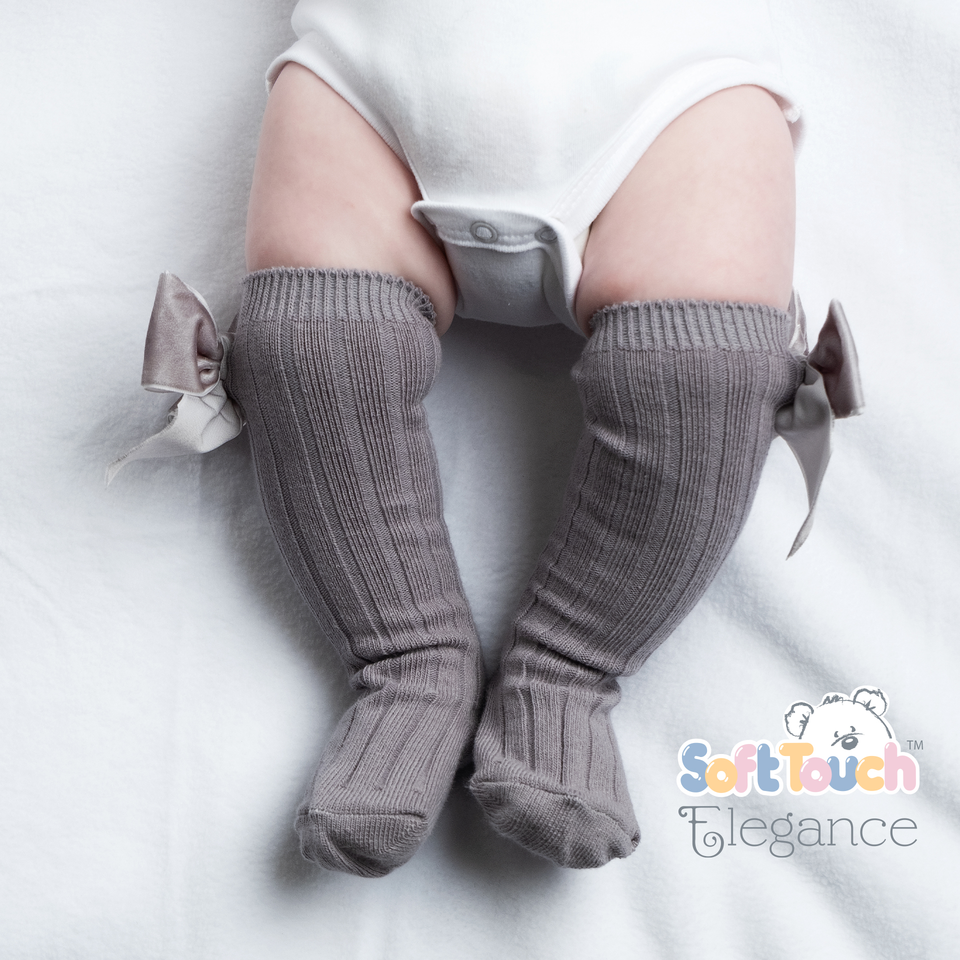 Grey Ribbed Knee Length Socks w/Large Velvet Bow : S360-G