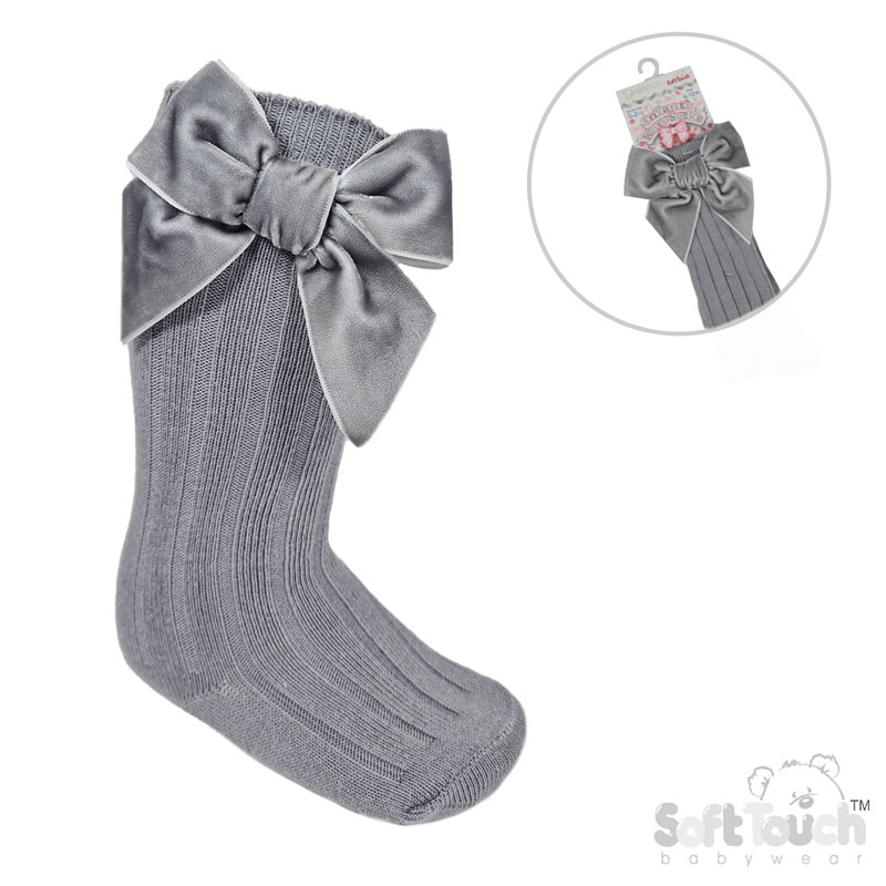 Grey Ribbed Knee Length Socks w/Large Velvet Bow : S360-G