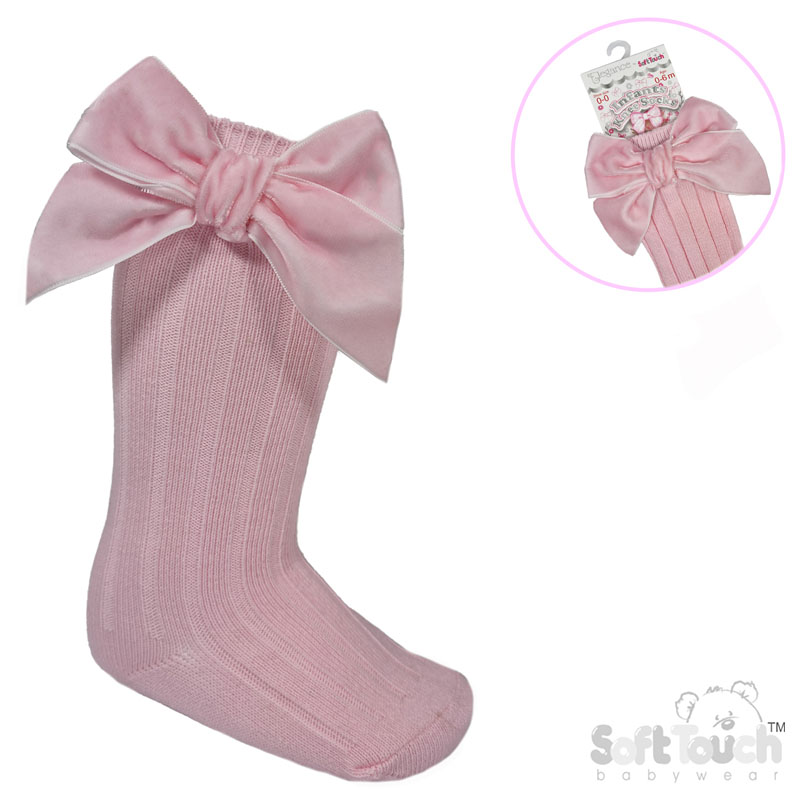Pink Ribbed Knee Length Socks w/Large Velvet Bow : S360-P