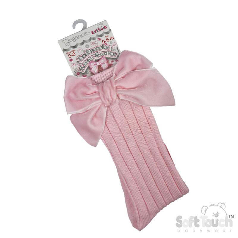 Pink Ribbed Knee Length Socks w/Large Velvet Bow : S360-P