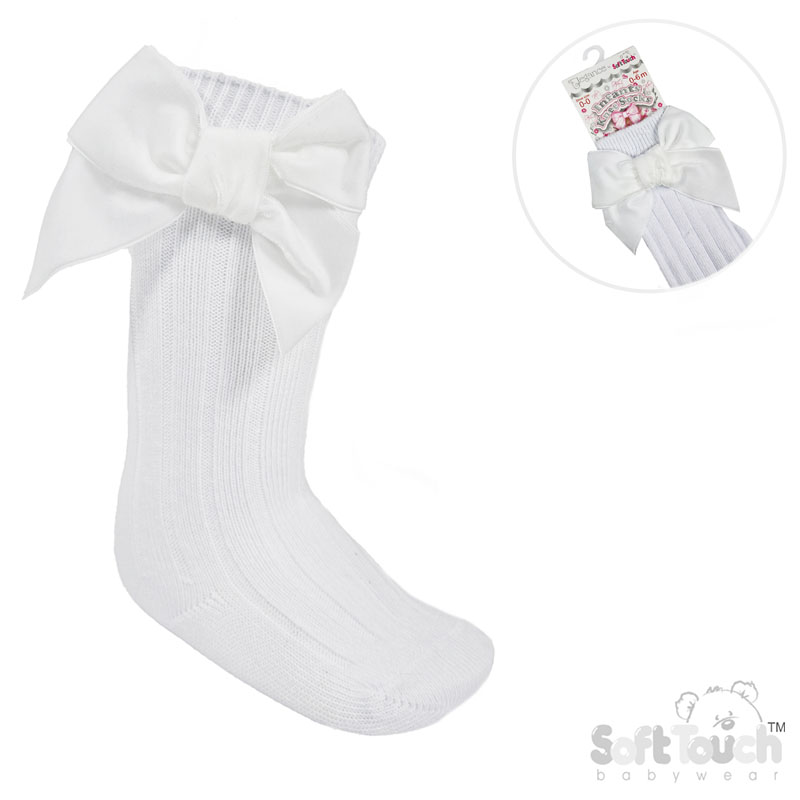 White Ribbed Knee Length Socks w/Large Velvet Bow : S360-W