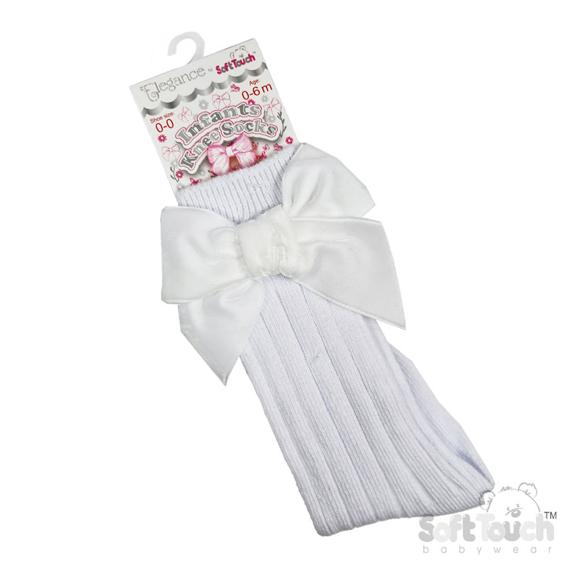 White Ribbed Knee Length Socks w/Large Velvet Bow : S360-W