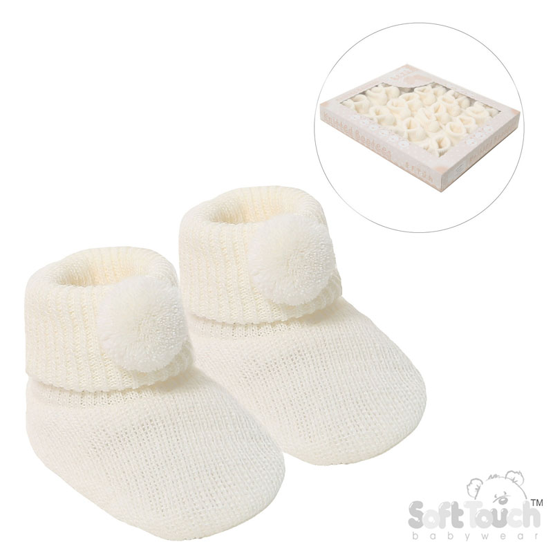 Cream Acyrlic Bootees W/Pom Pom No. S408-C