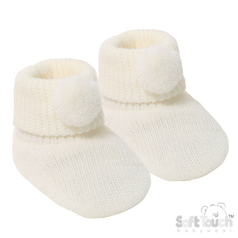 Cream Acyrlic Bootees W/Pom Pom No. S408-C