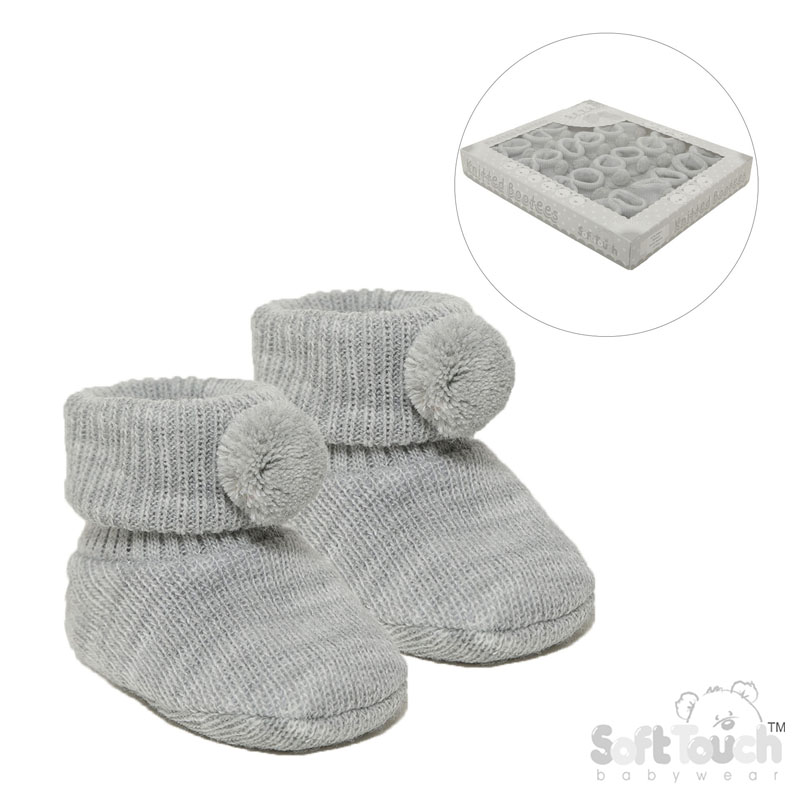 Grey Acyrlic Bootees W/Pom Pom No. S408-G