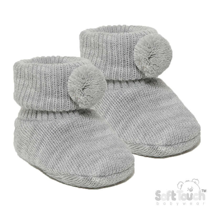 Grey Acyrlic Bootees W/Pom Pom No. S408-G