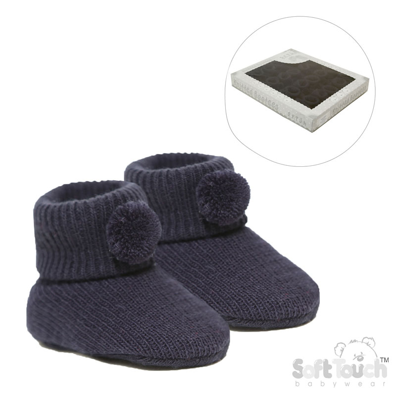 Navy Acrylic Bootees W/Pom Pom No. S408-N