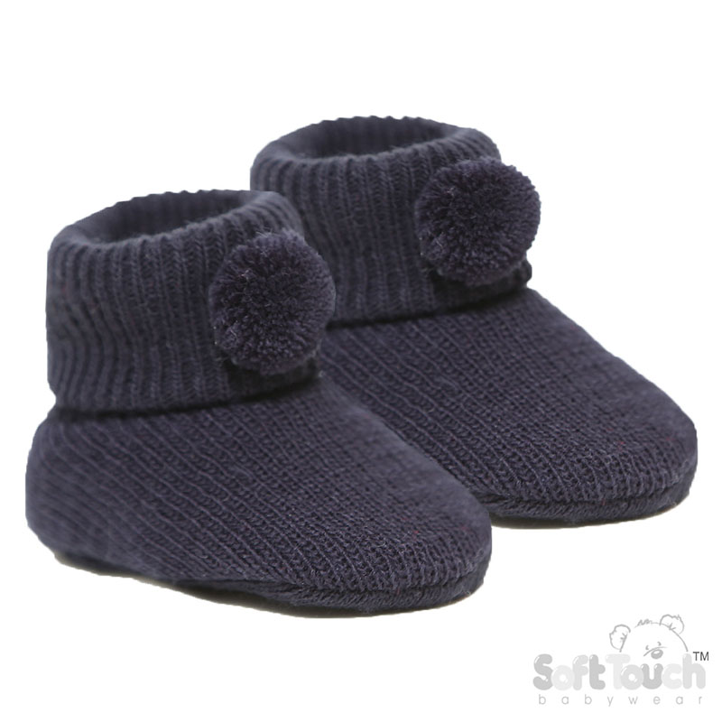 Navy Acrylic Bootees W/Pom Pom No. S408-N