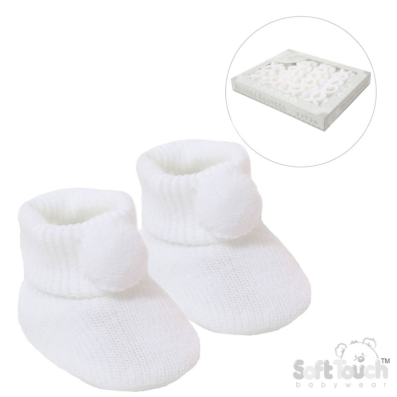 White Acyrlic Bootees W/Pom Pom No. S408-W