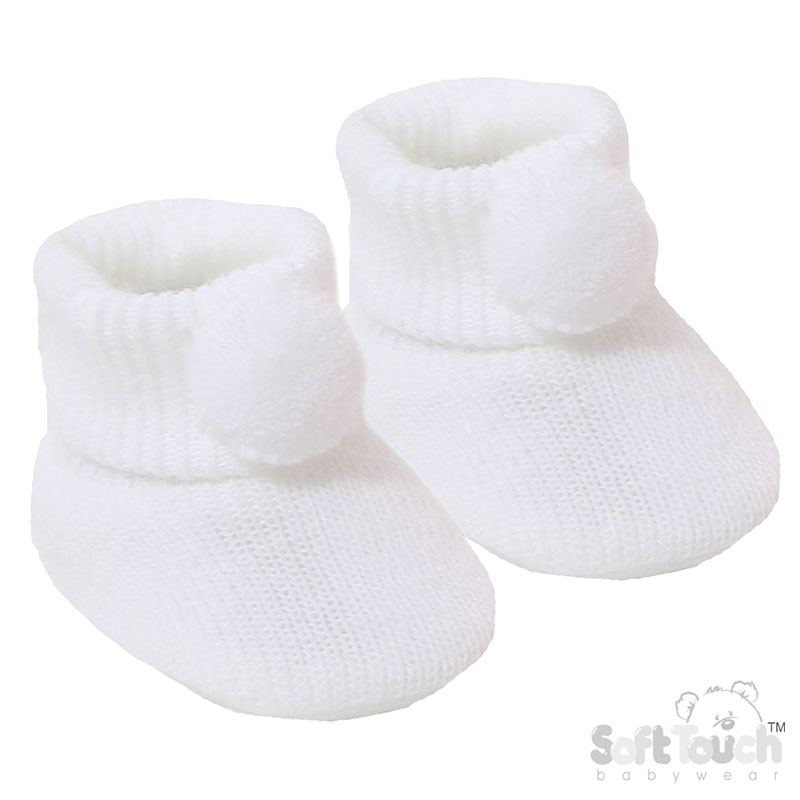 White Acyrlic Bootees W/Pom Pom No. S408-W