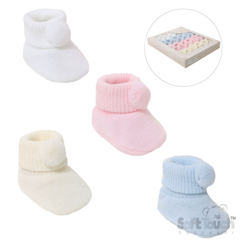 P/B/W/C Acrylic Baby Bootees W/Pom Pom No. S408