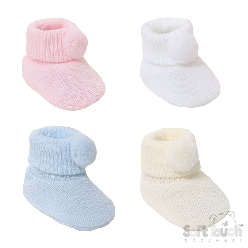 P/B/W/C Acrylic Baby Bootees W/Pom Pom No. S408