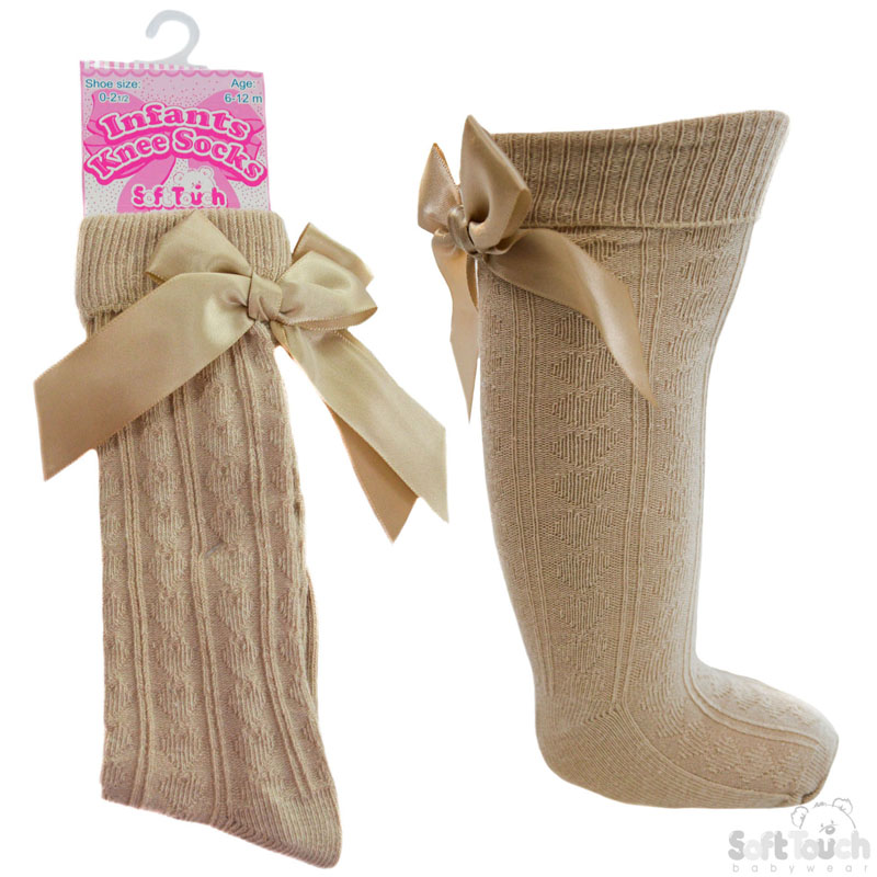 Beige Ribbed Knee Length Socks W/Bow No. S41-BE