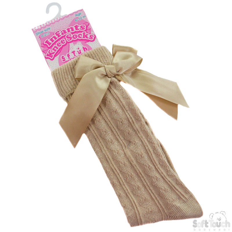 Beige Ribbed Knee Length Socks W/Bow No. S41-BE