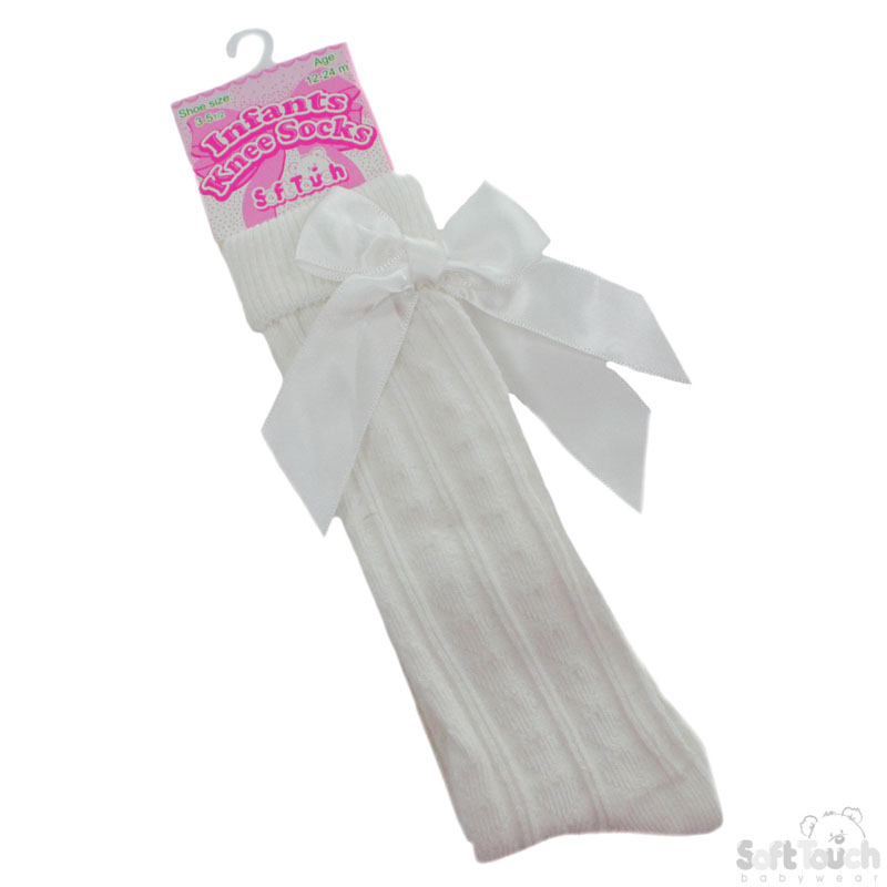 Cream Ribbed Knee Length Socks W/Bow No. S41-C