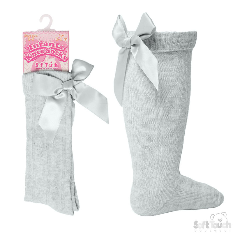 Grey Ribbed Knee Length Socks W/Bow S41-G