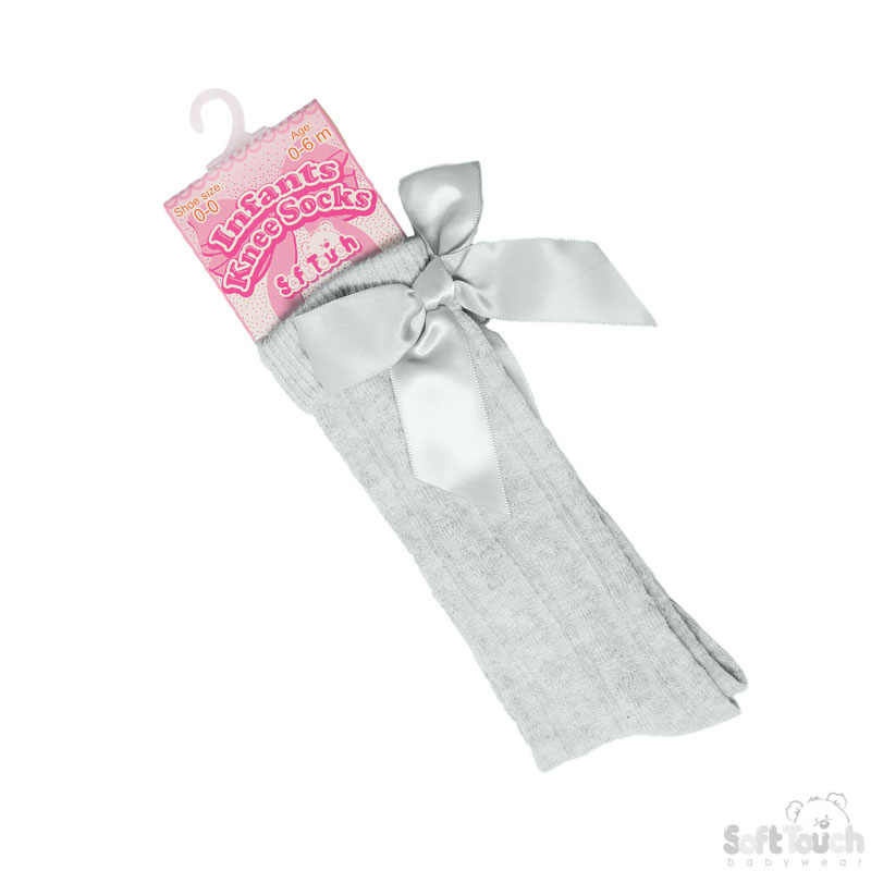 Grey Ribbed Knee Length Socks W/Bow S41-G