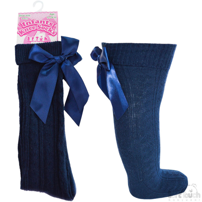 Navy Ribbed Knee Length Socks W/Bow No.S41-N