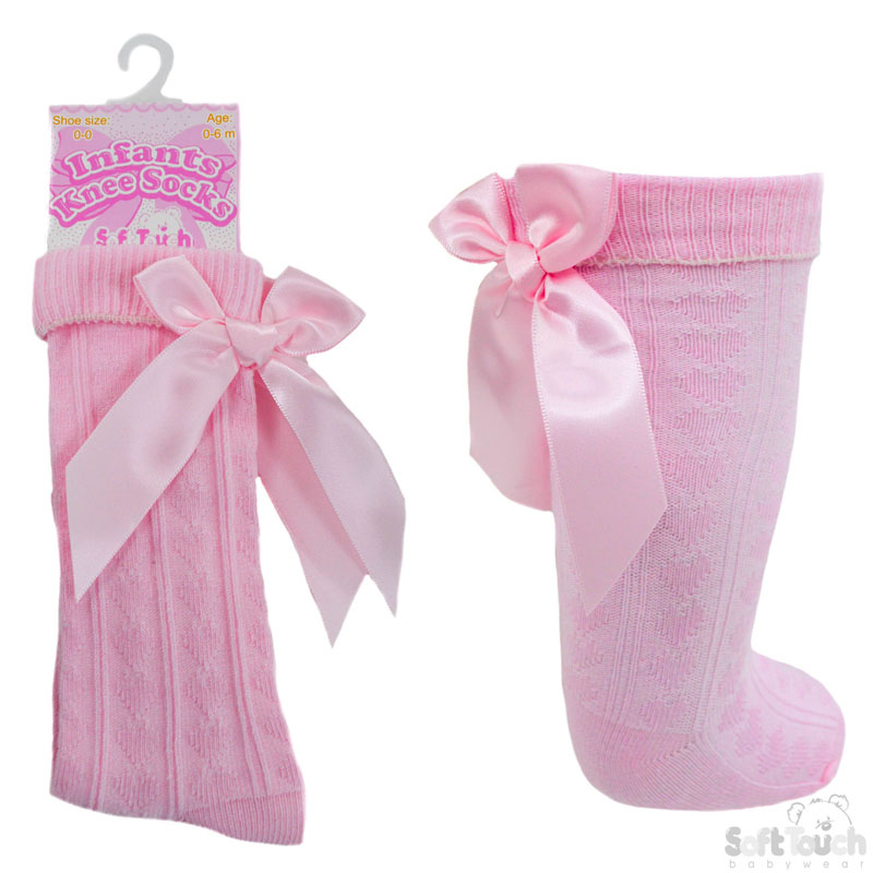 Pink Ribbed Knee Length Socks W/Bow No. S41-P