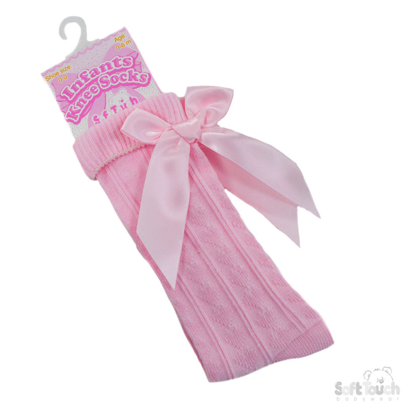 Pink Ribbed Knee Length Socks W/Bow No. S41-P