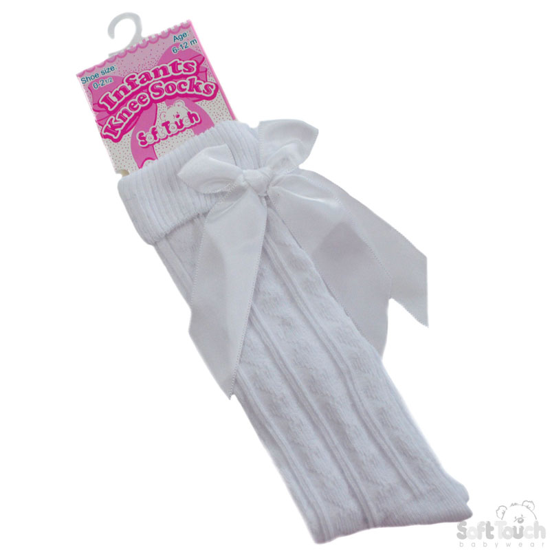 White Ribbed Knee Length Socks W/Bow No. S41-W