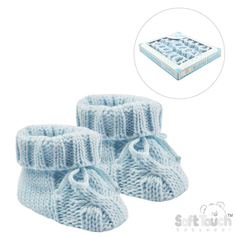 Blue Cable Knit Acrylic Bootees w/Turnover & Bow : S415-B