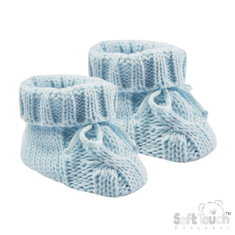 Blue Cable Knit Acrylic Bootees w/Turnover & Bow : S415-B