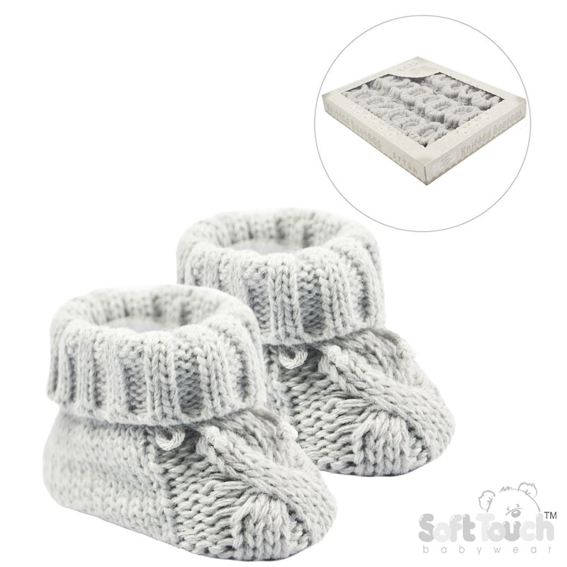 Grey Cable Knit Acrylic Bootees w/Turnover & Bow : S415-G