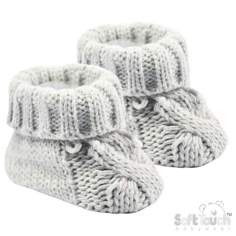 Grey Cable Knit Acrylic Bootees w/Turnover & Bow : S415-G