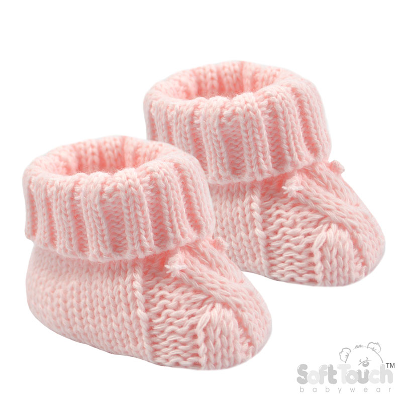 Pink Cable Knit Acrylic Bootees w/Turnover & Bow : S415-P