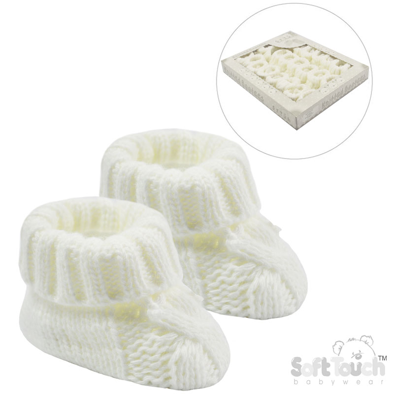 White Cable Knit Acrylic Bootees w/Turnover & Bow : S415-W